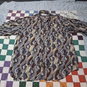 Vintage Utopia Abstract Busy Silk Short Sleeve Shirt Size Large